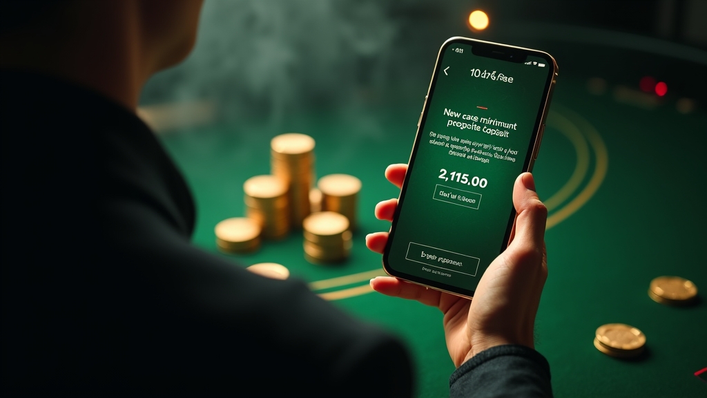 Aviso de depósito mínimo num telemóvel sobre uma mesa de casino