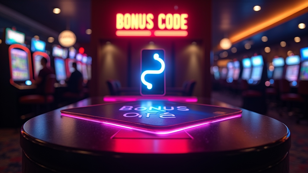 Ecrã de promoções com campo de código num ambiente de casino escuro