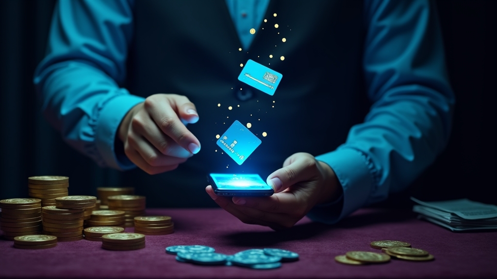 Ícones de pagamento e retirada num cenário de casino em tons néon