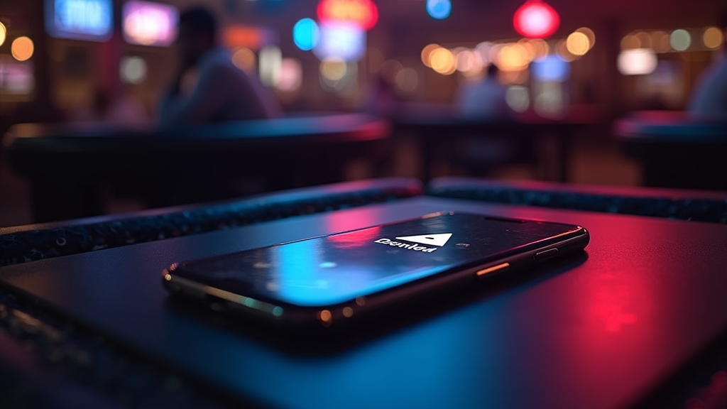 Telemóvel Android com ecrã de download da app num ambiente de casino escuro