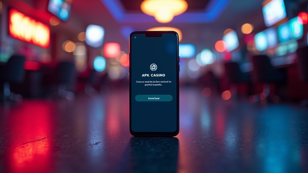 Smartphone mostra instalação de APK em cenário de casino escuro