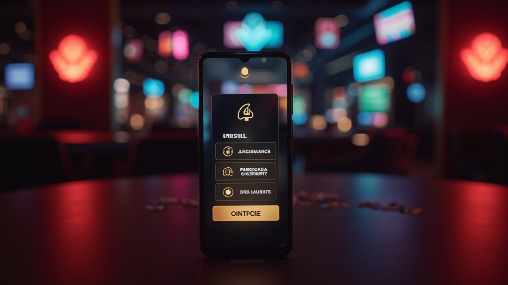 Telemóvel com passos de instalação da app num ambiente de casino escuro