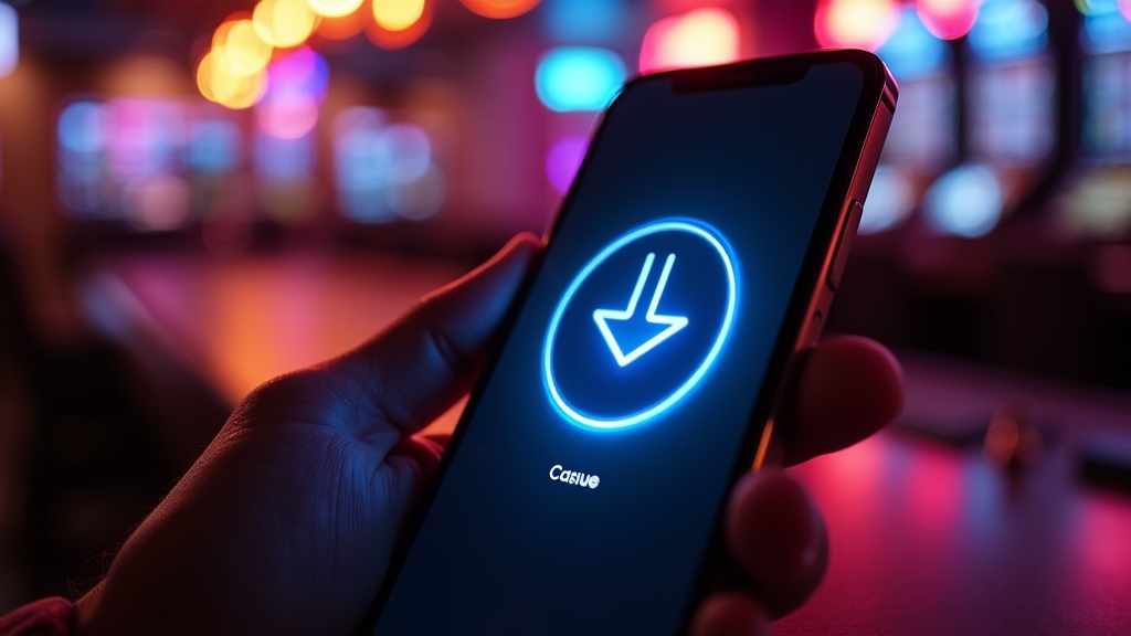 iPhone com ecrã de download da app em ambiente de casino escuro