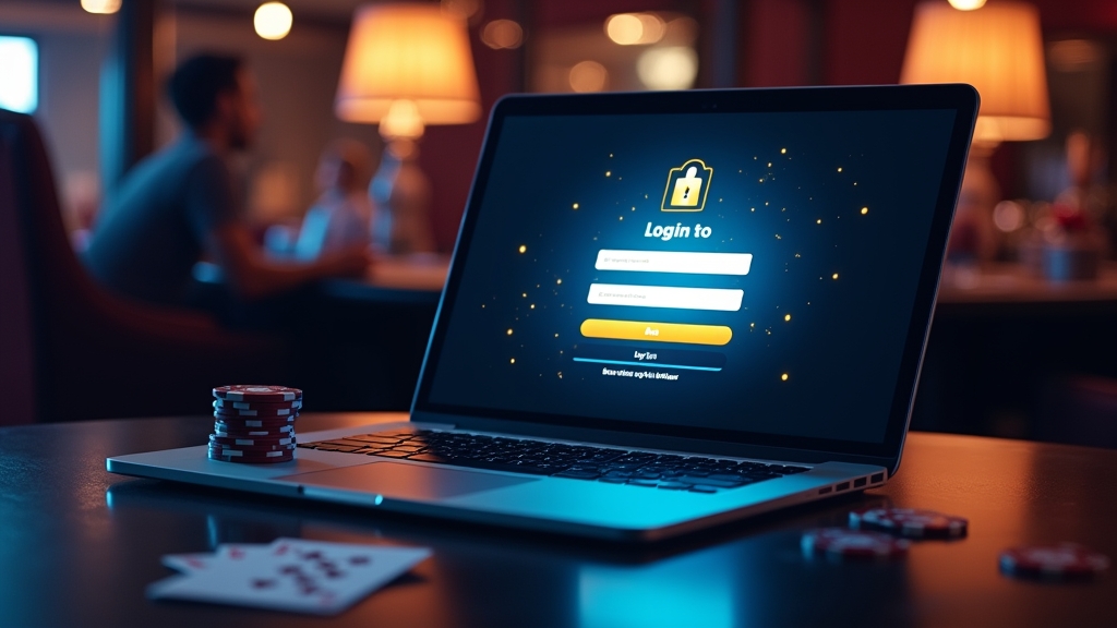 Ecrã de login num ambiente de casino escuro com luzes néon