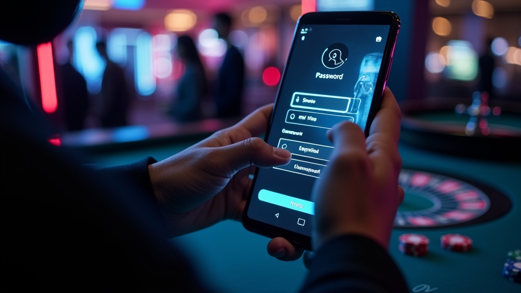Pessoa a iniciar sessão no telemóvel num cenário de casino escuro