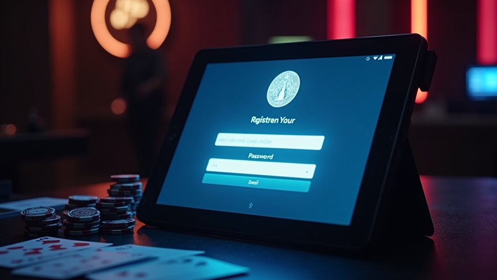 Formulário de registo num tablet com ambiente de casino escuro